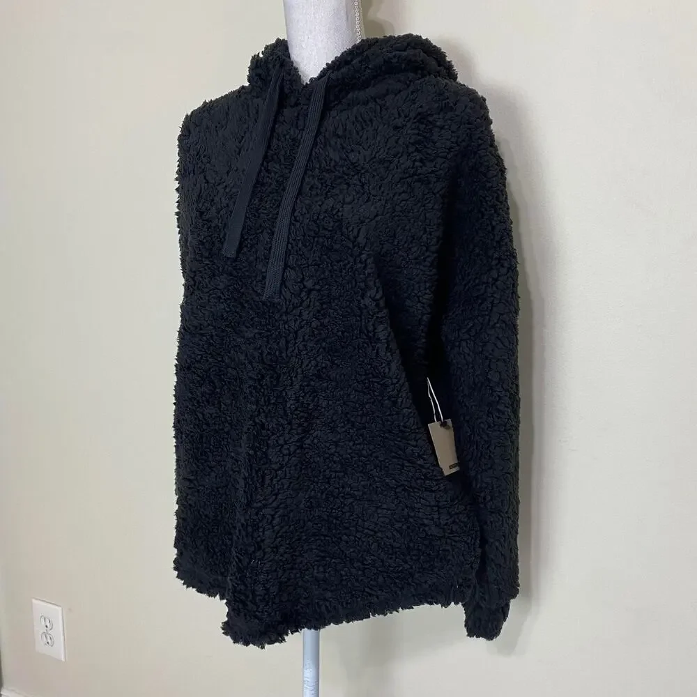 Active USA Fur Faux Hooded Jacket Womens Cozy Soft Sweater Black Large‎